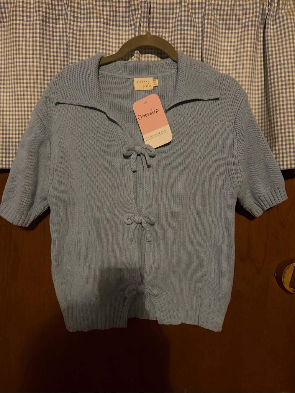 Light Blue Boutique Short-Sleeve Knit Sweater with Tie Front